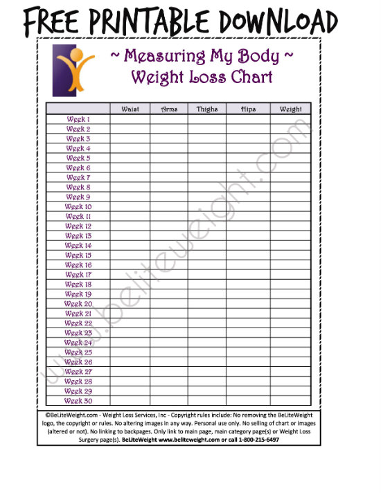 free printable body measurement weight loss tracking chart weightloss dieting health beliteweight weight loss services